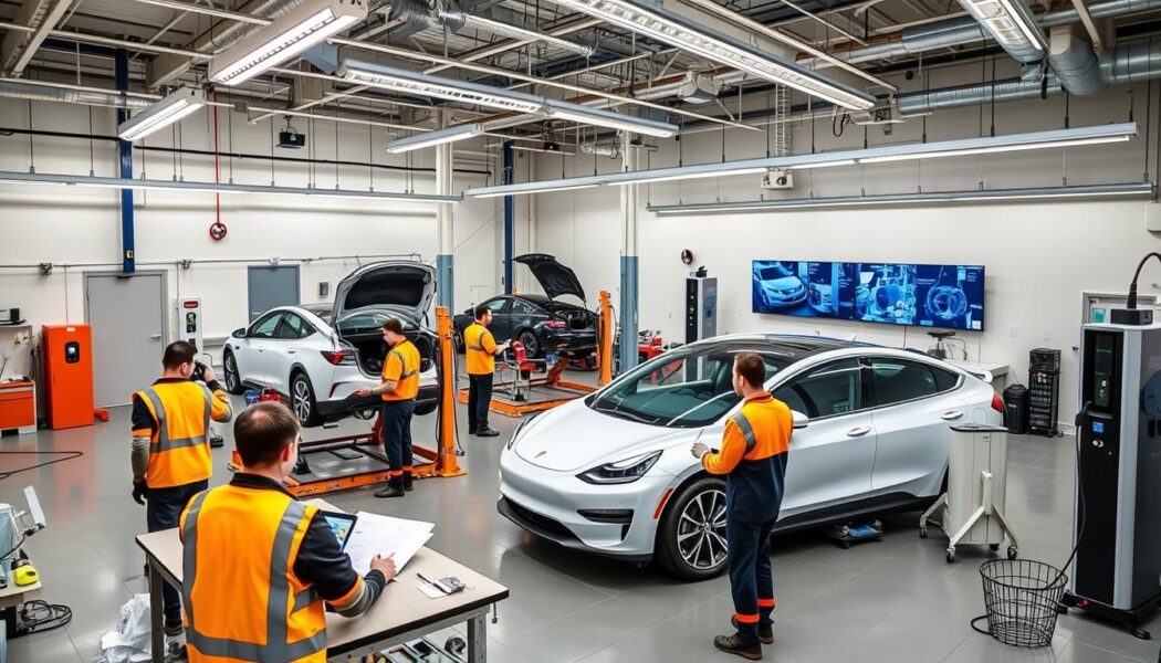 A modern electric vehicle (EV) workshop with multiple mechanics wearing orange and navy safety vests, working on white electric cars. Some cars are lifted on hydraulic platforms with open hoods, while others are being inspected on the ground. The workshop is brightly lit, featuring high-tech equipment, a large digital display on the wall showing technical data, and organized tools. The environment is clean and structured, reflecting an advanced automotive service facility