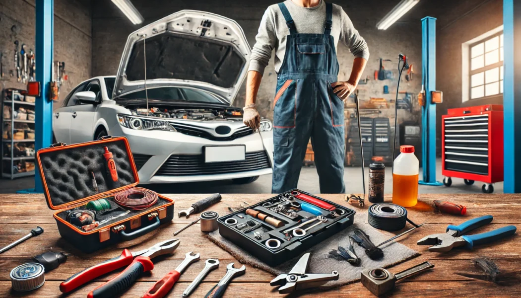 A mechanic in work overalls standing in a well-organized garage, with essential car repair tools on a workbench and a car with its hood open in the background, representing DIY auto maintenance.