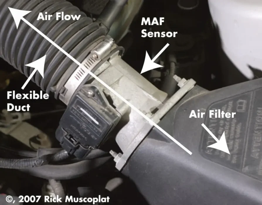 Close-up view of a faulty Mass Airflow Sensor (MAF) causing engine issues.