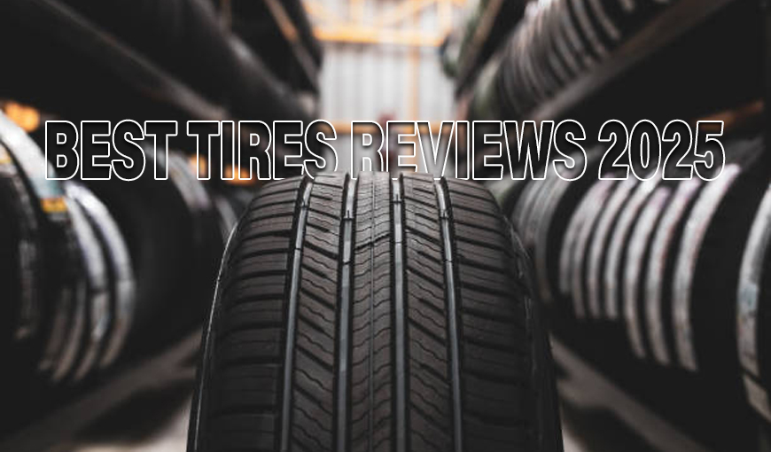 A close-up photograph of a tire in the center, surrounded by rows of stacked tires on shelves in a store or warehouse. The text 'BEST TIRES REVIEWS 2025' is overlaid in bold, outlined white font, emphasizing a focus on tire reviews for the year 2025.