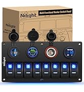 In this image, you’re showing a Nilight Multi-Functional Rocker Switch Panel. Here's a quick rundown of its features: Switches: Eight illuminated rocker switches to control different accessories (like lights, pumps, fans, etc.). Ports: USB charging ports (dual) for phones or other devices. 12V cigarette lighter socket for additional accessories. Voltmeter display to monitor your vehicle's battery voltage in real time. Design: Clean layout with protective covers for the ports, typically used in vehicles like trucks, RVs, boats, or off-road builds. This panel makes organizing and managing multiple electronic accessories much easier and neater!