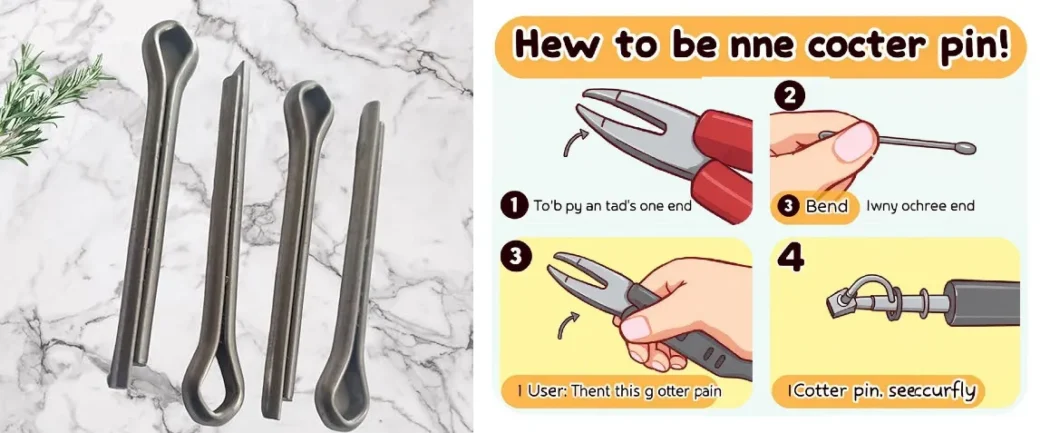 Cotter pin installation guide showing tools and step-by-step cartoon instructions for bending and securing a cotter pin onto a castle nut.