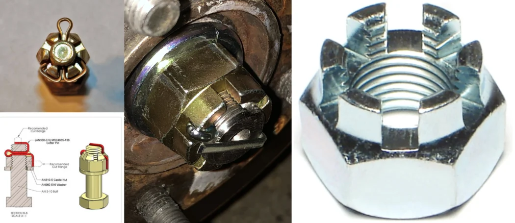 collage featuring three images: 1) A close-up of a cotter pin, 2) A detailed view of a cotter pin installed in a nut, and 3) A technical diagram illustrating the installation of a cotter pin with labeled components, including a castle nut and washer.