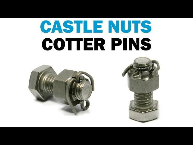 An image featuring two metal fasteners: a castle nut and a bolt secured with a cotter pin. The text "Castle Nuts" and "Cotter Pins" is prominently displayed at the top. The fasteners are shown on a plain background, highlighting their design and functionality.