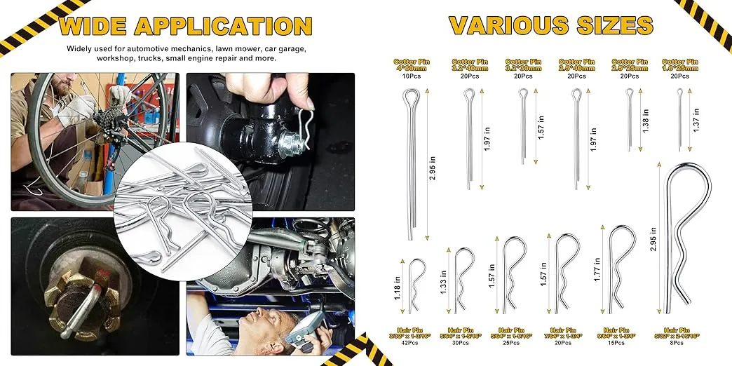 A promotional graphic displaying cotter pins, divided into two sections. The left side features images of cotter pins being used in automotive applications, while the right side lists various sizes of cotter pins, along with their quantities per pack. The header reads "Wide Application" on the left and "Various Sizes" on the right.